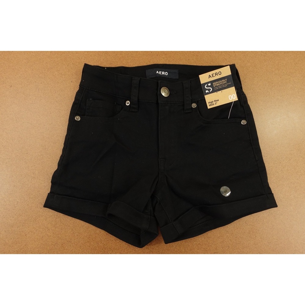 Aeropostale Womens 00 Black Seriously Stretchy High-Rise Midi Denim Shorts NWT